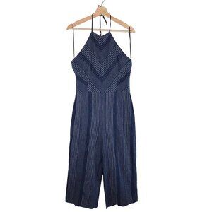 Belle Vere Anthropologie Navy Linen Blend Cropped Jumpsuit  Size Medium